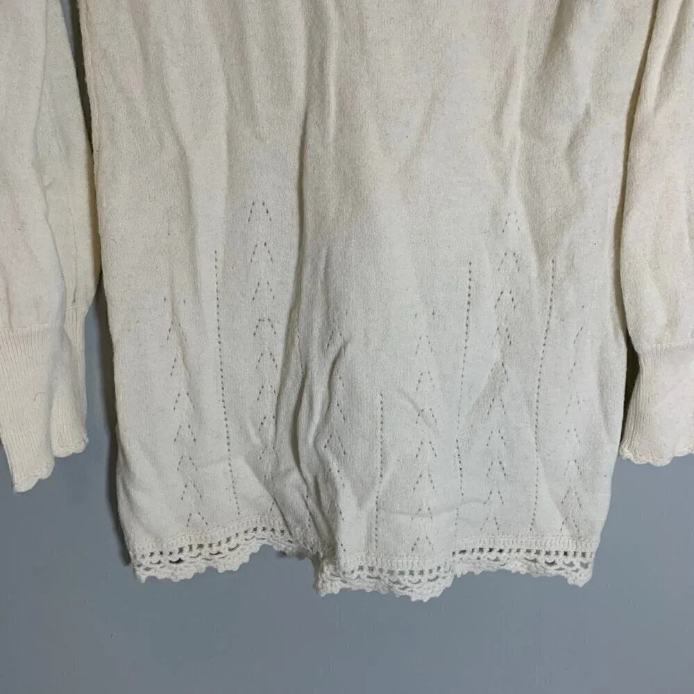 Free People Cream Embroidered Pointelle Crochet‎ Trim V-Neck Sweater Medium